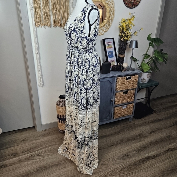 Sundays in Brooklyn Sing-The-Blues Away Nude Lace Maxi Dress Sz L boho - Picture 6 of 12